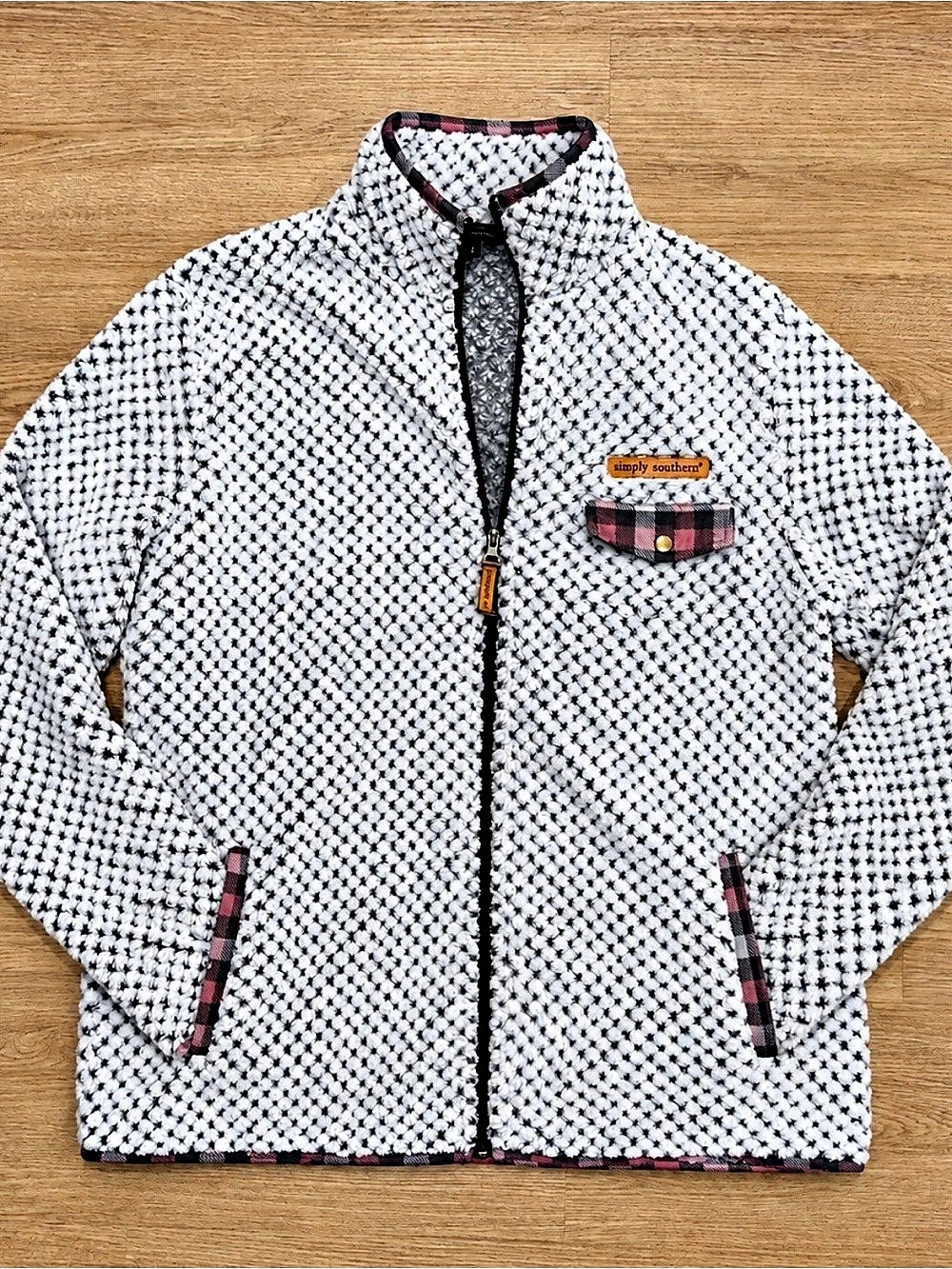 Simply Southern Fleece Full-Zip Jacket in White & Black Large Like New